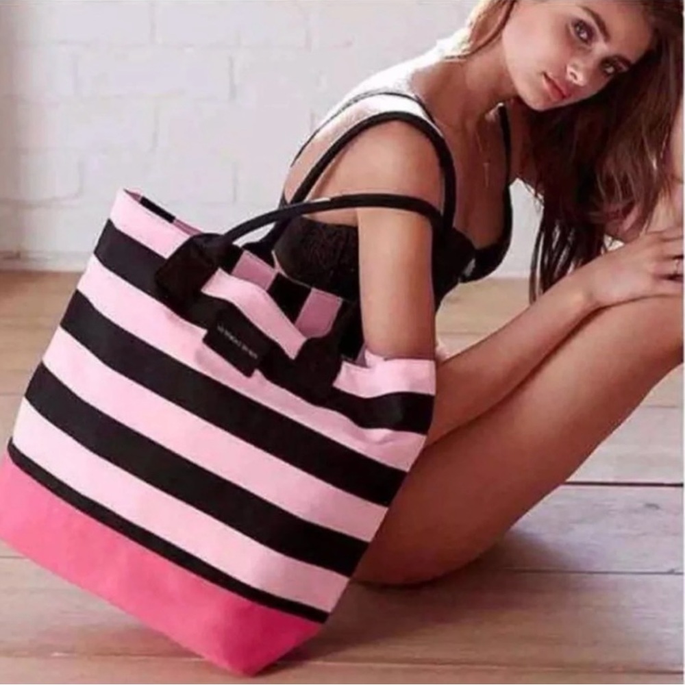 Victoria’s Secret Pink Black Stripe Canvas Adorable Tote Beach Weekender BNWT - Picture 2 of 7